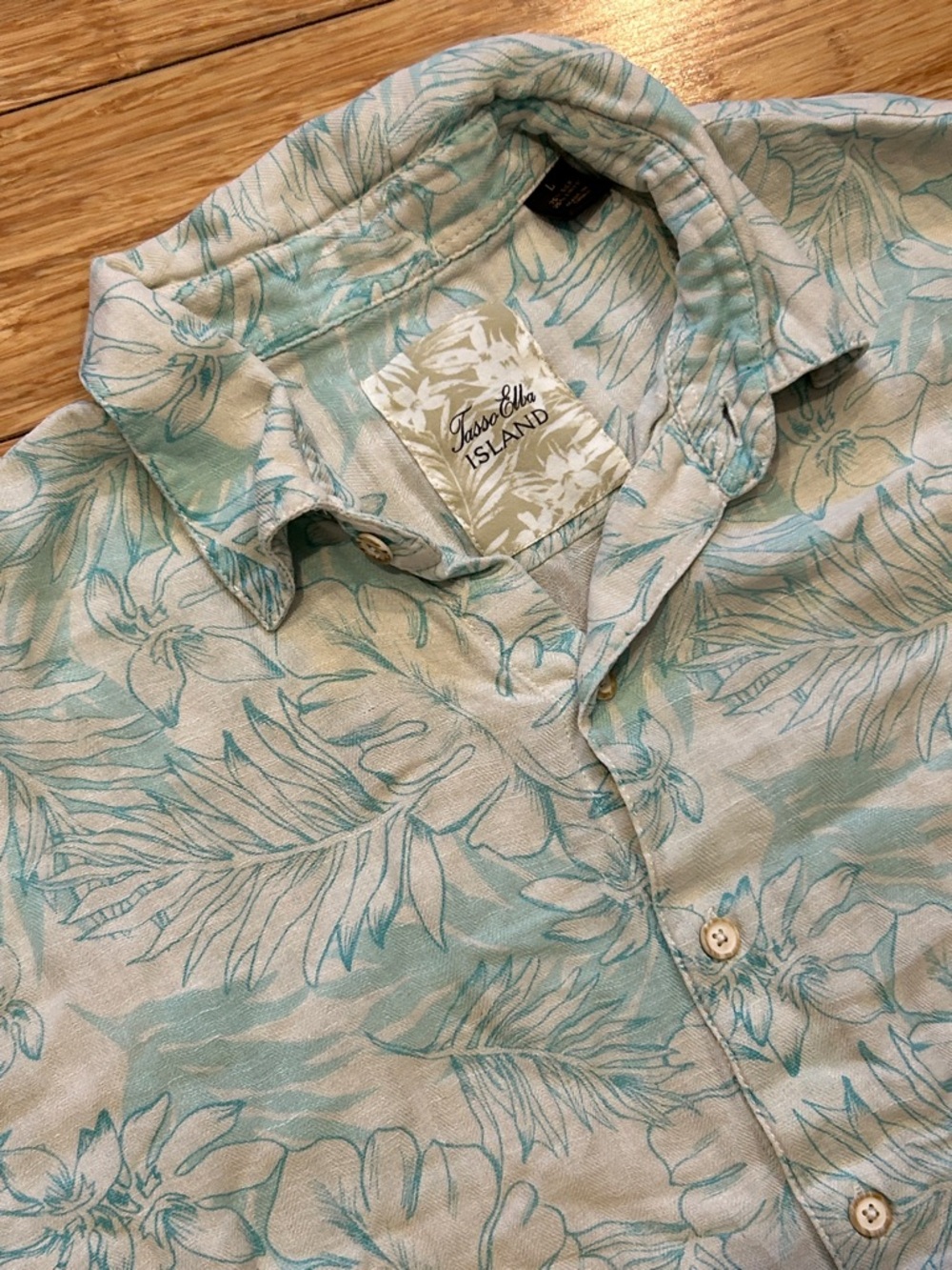 Tasso Elba Pale Blue Floral Tropical Hawaiian Short-Sleeve Silk-Linen Shirt L
